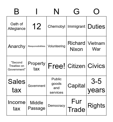 Unit 1:  Citizenship Bingo Card