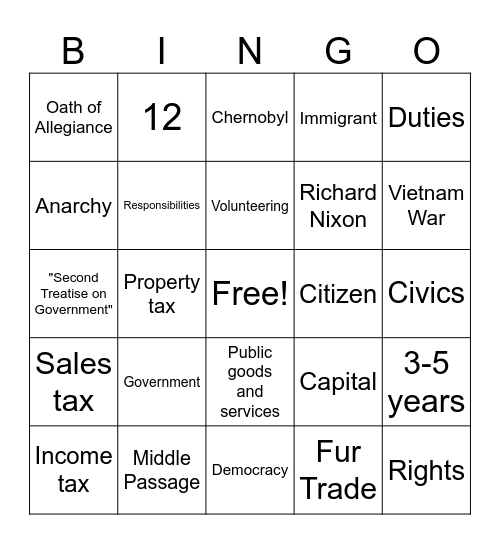 Unit 1:  Citizenship Bingo Card