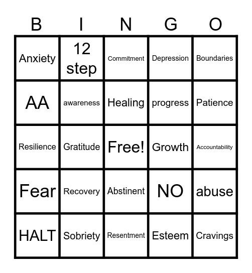 Recovery Bingo Card