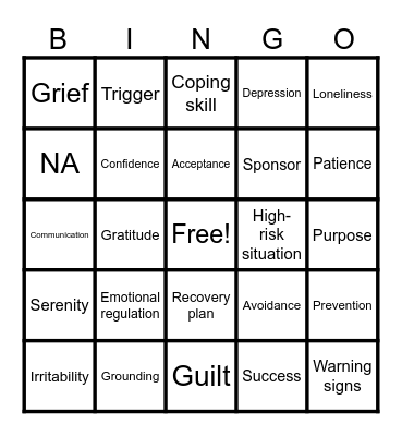Recovery Bingo Card