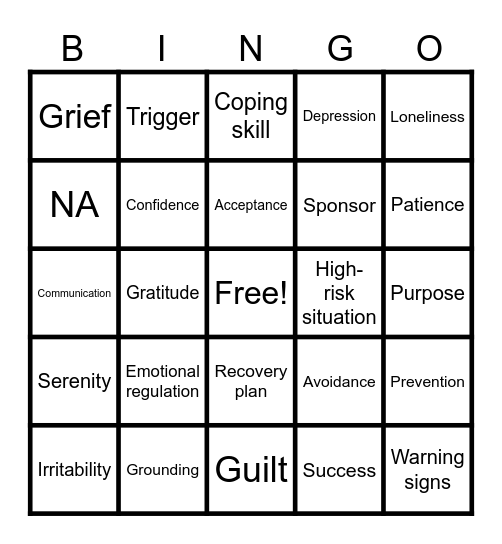 Recovery Bingo Card