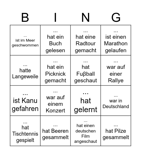 Sommerferien Bingo Card