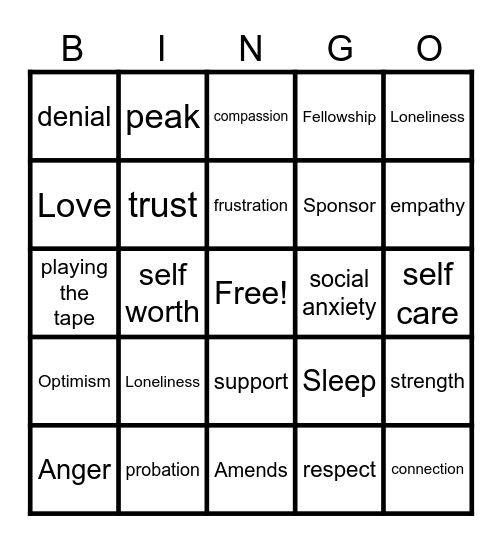 Recovery Bingo Card