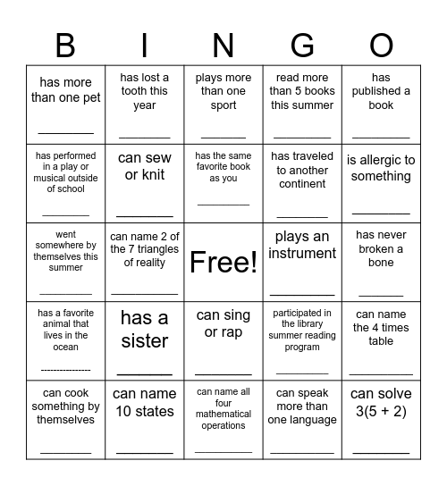 Find a Friend Bingo Card