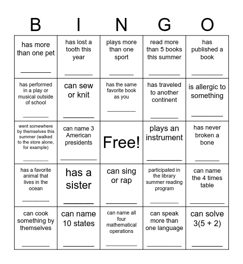 Find a Friend Bingo Card