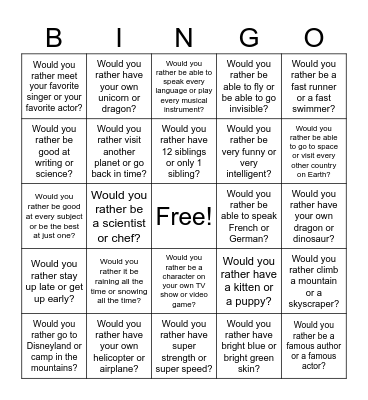 Would You Rather Bingo Card
