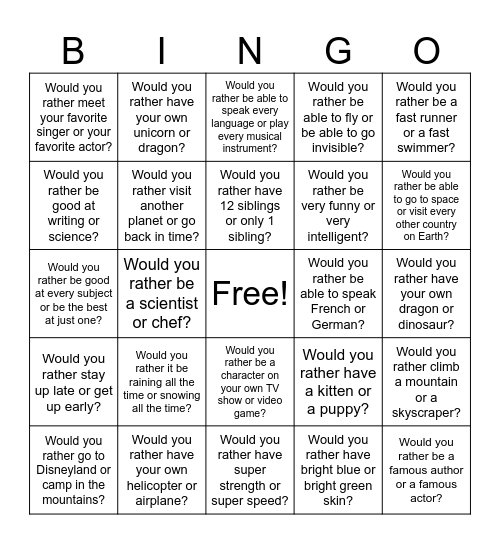 Would You Rather Bingo Card