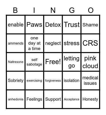 Recovery Bingo Card