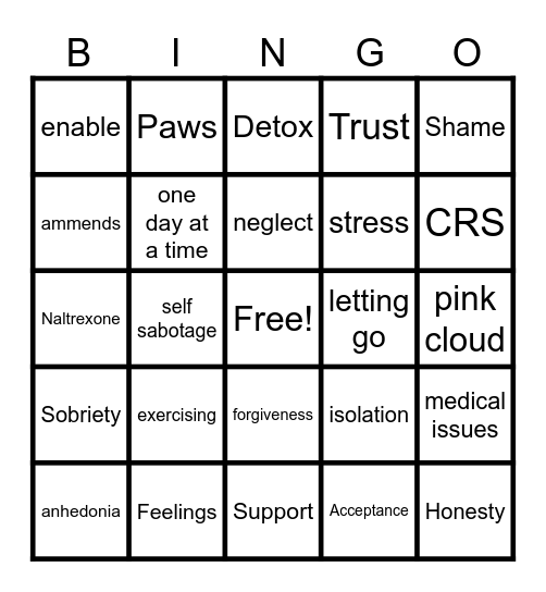 Recovery Bingo Card