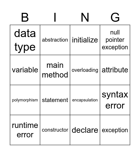 Java Programming Bingo Card