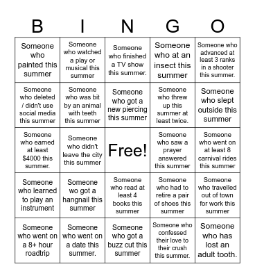 Back From Summer Bingo Card