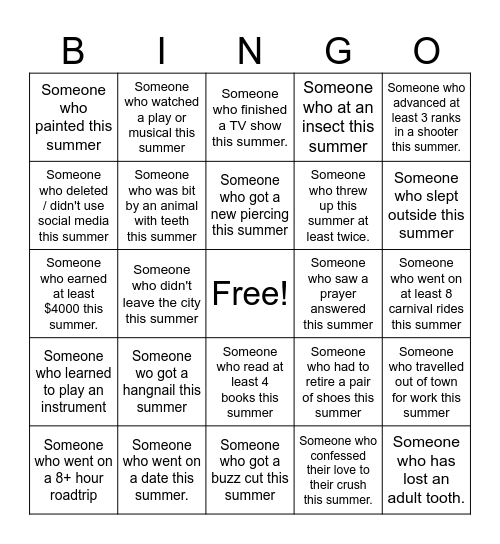 Back From Summer Bingo Card