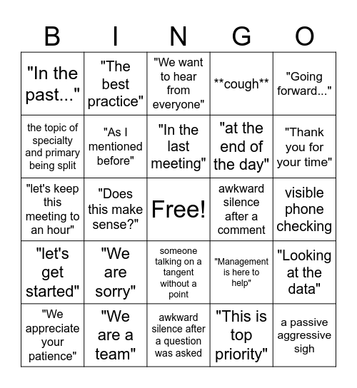 Primary Care Meeting Bingo Card