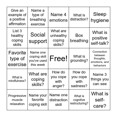 Coping Skills Bingo Card