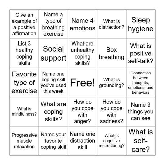 Coping Skills Bingo Card