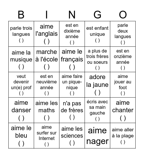 Trouve un(e) ami(e) qui... Bingo Card