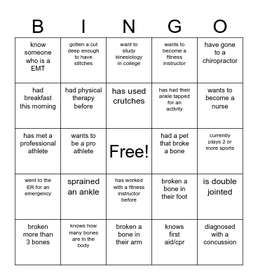 Sports Medicine Bingo Card