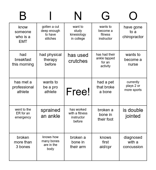 Sports Medicine Bingo Card