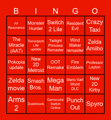 Nintendo Direct Sep. 2026 Bingo Card