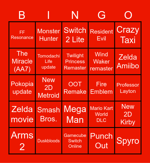 Nintendo Direct Sep. 2026 Bingo Card