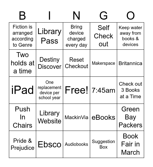 Library Orientation Bingo Card