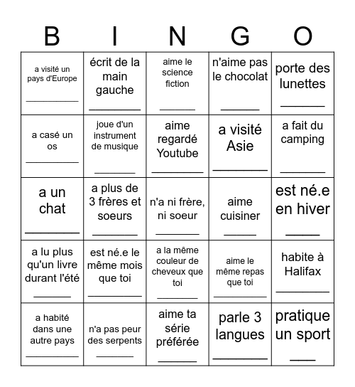 Trouve quelqu'un d'une autre classe qui... Bingo Card