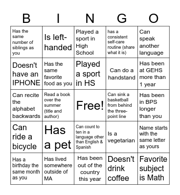 GEHS Bingo Card