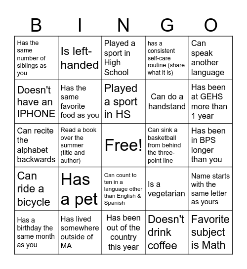 GEHS Bingo Card