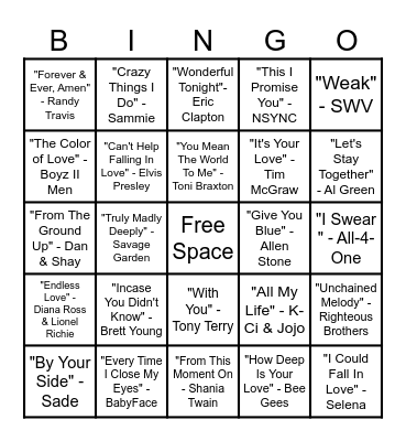 LOVE SONG BINGO Card