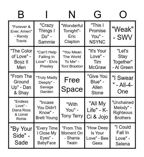 LOVE SONG BINGO Card