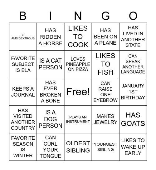 WELCOME BACK! Bingo Card