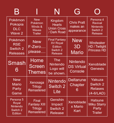September Nintendo Direct Bingo Card
