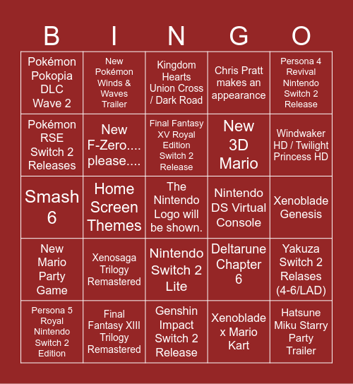 September Nintendo Direct Bingo Card