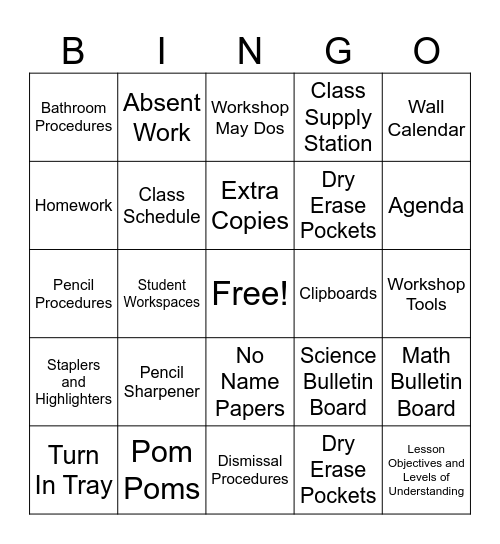 Classroom Procedures BINGO Card