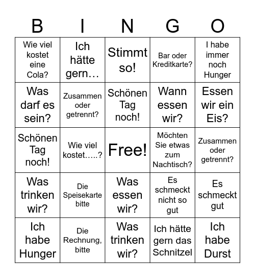 Im Restaurant bestellen Bingo Card