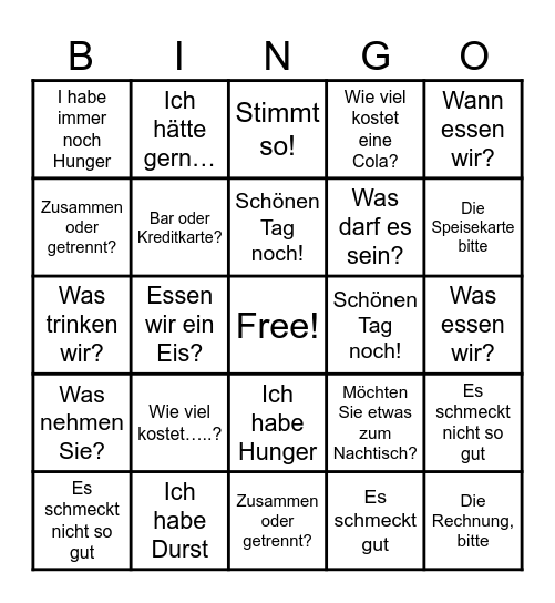 Im Restaurant bestellen Bingo Card