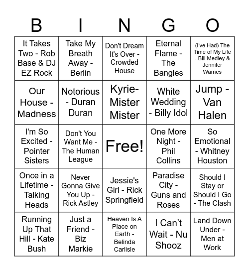 More 80's Bingo Card