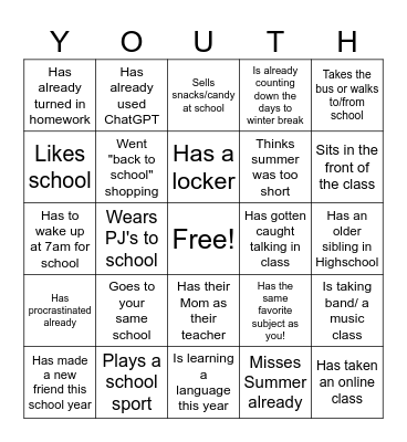 "Back to School" Find Someone Who.... Bingo Card