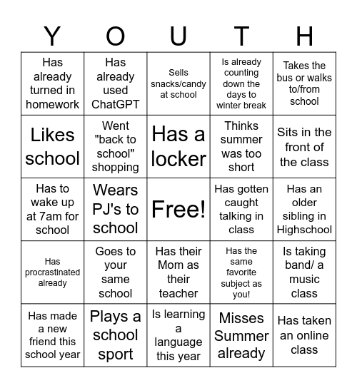 "Back to School" Find Someone Who.... Bingo Card