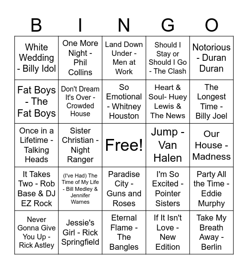 More 80's Bingo Card