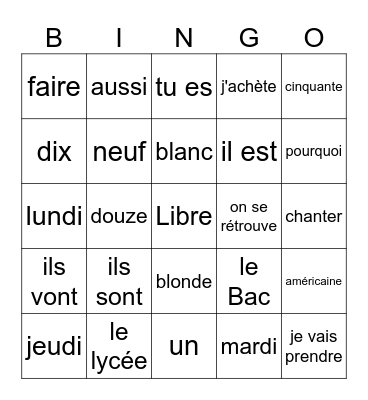 Français 1 Bingo Card