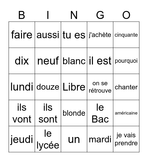 Français 1 Bingo Card