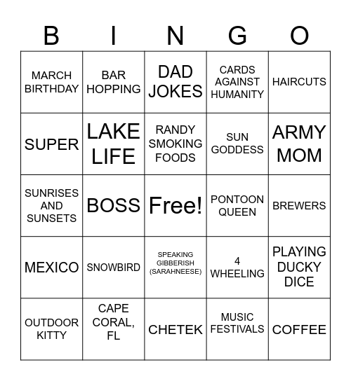 SARAH Bingo Card