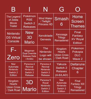 September Nintendo Direct Bingo Card