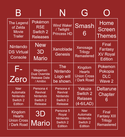 September Nintendo Direct Bingo Card