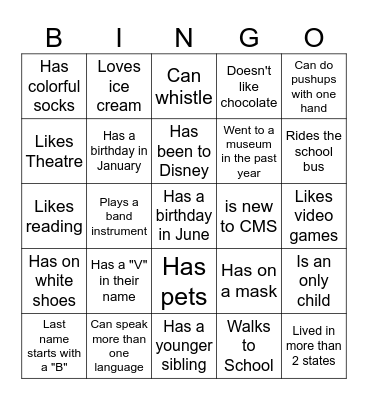 Middle School BINGO: Find someone who... Bingo Card