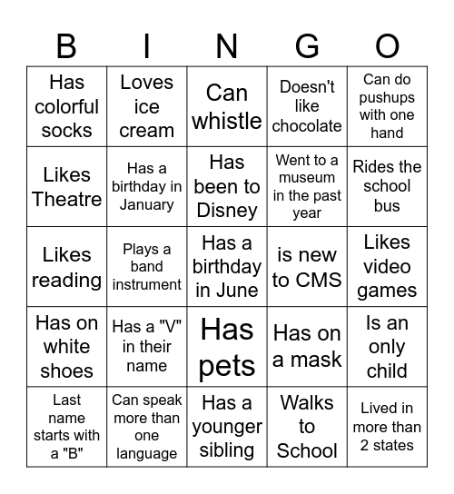 Middle School BINGO: Find someone who... Bingo Card
