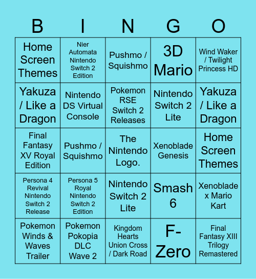 September 2026 Nintendo Direct Bingo Card