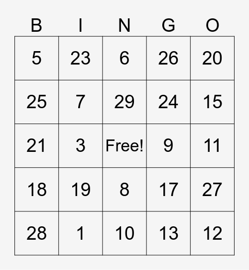 ASL NUMBER SIGNS #1-30 Bingo Card