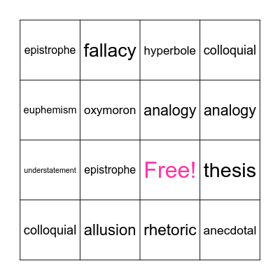 Vocabulary Bingo Card